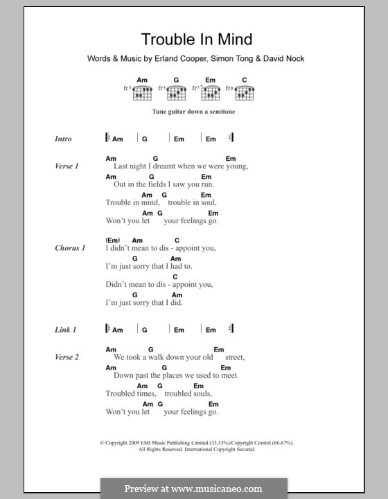 Trouble in Mind (Erland & The Carnival): Text und Akkorde by David Nock, Erland Cooper, Simon Tong