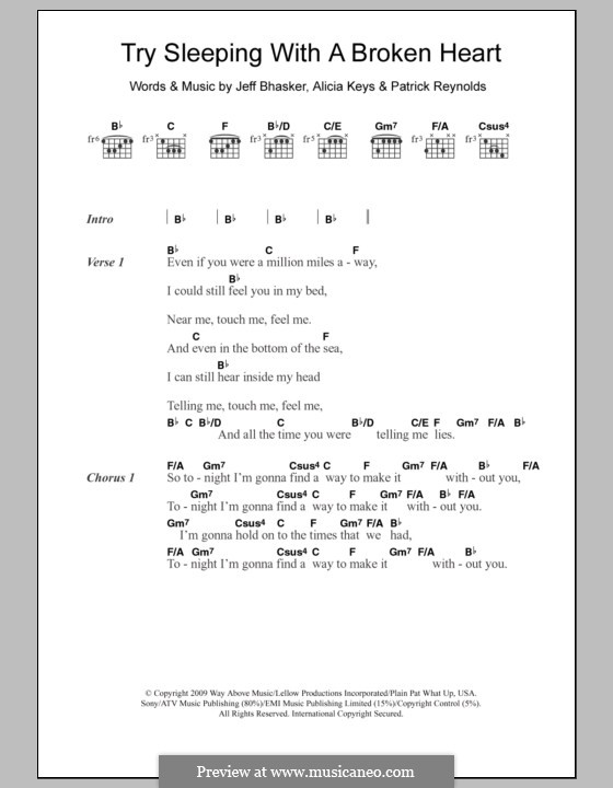 Try Sleeping with a Broken Heart: Text und Akkorde by Alicia Keys, Jeff Bhasker, Patrick Reynolds