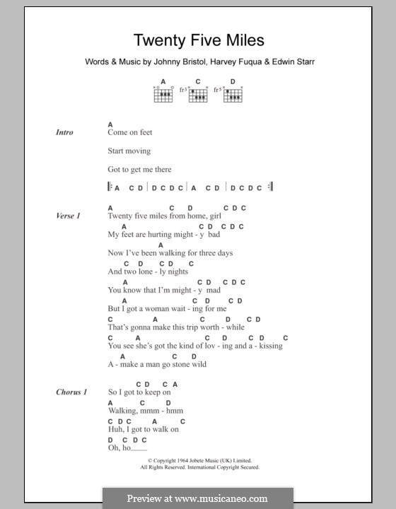 Twenty Five Miles: Text und Akkorde by Edwin Starr, Harvey Fuqua, Johnny Bristol
