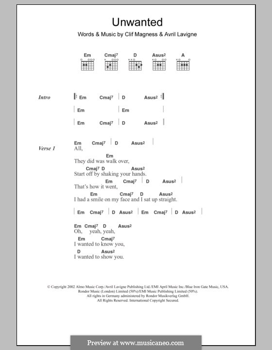 Unwanted: Texte und Akkorde by Avril Lavigne, Clifton Magness