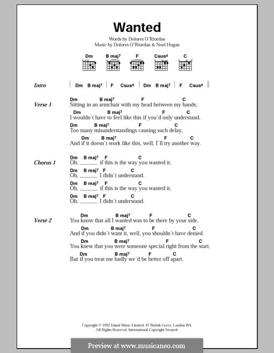 Wanted (The Cranberries): Text und Akkorde by Dolores O'Riordan, Noel Hogan