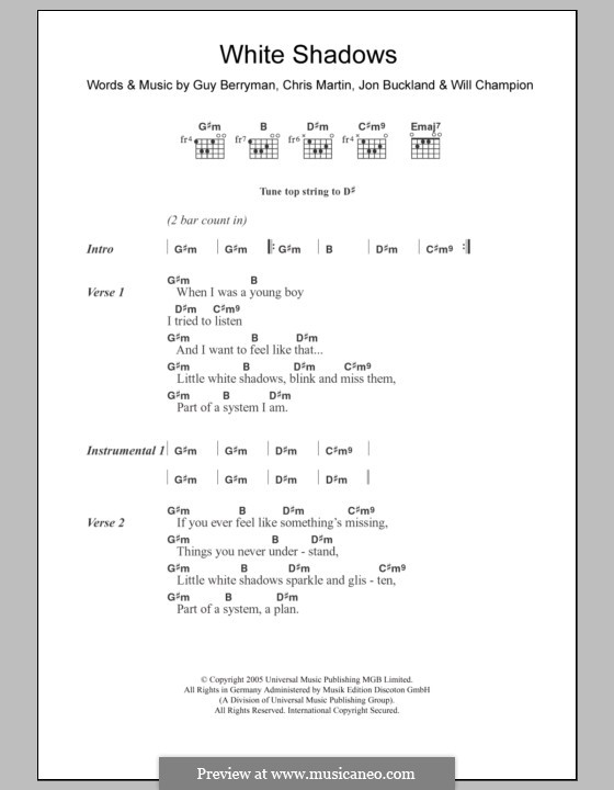 White Shadows (Coldplay): Text und Akkorde by Chris Martin, Guy Berryman, Jonny Buckland, Will Champion