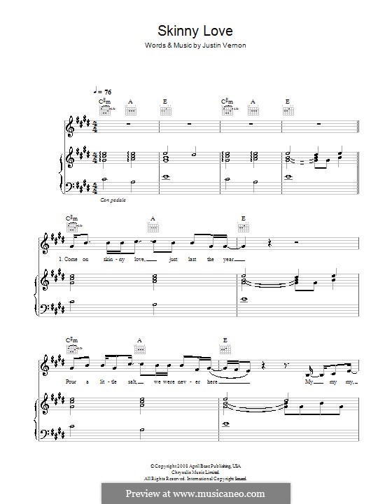 Skinny Love (Bon Iver): Für Stimme und Klavier (oder Gitarre) by Justin Vernon