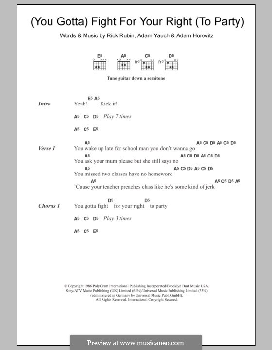 (You Gotta) Fight for Your Right (To Party): Text und Akkorde by Adam Horovitz, Adam Yauch, Rick Rubin
