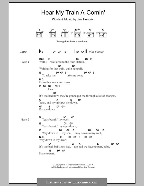 Hear My Train a Comin' (Get My Heart Back Together): Text und Akkorde by Jimi Hendrix