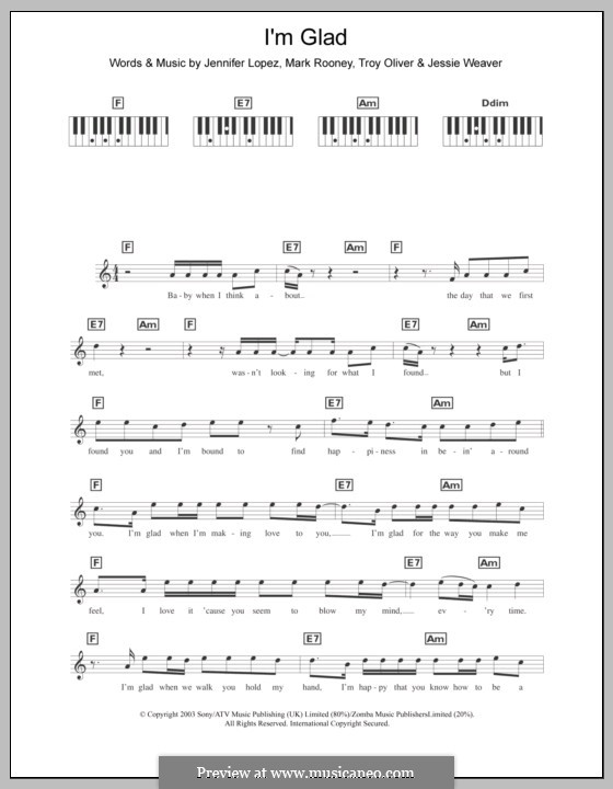 I'm Glad: Für Keyboard by Andre Deyo, Cory Rooney, Jennifer Lopez, Jessie Weaver, Troy Oliver