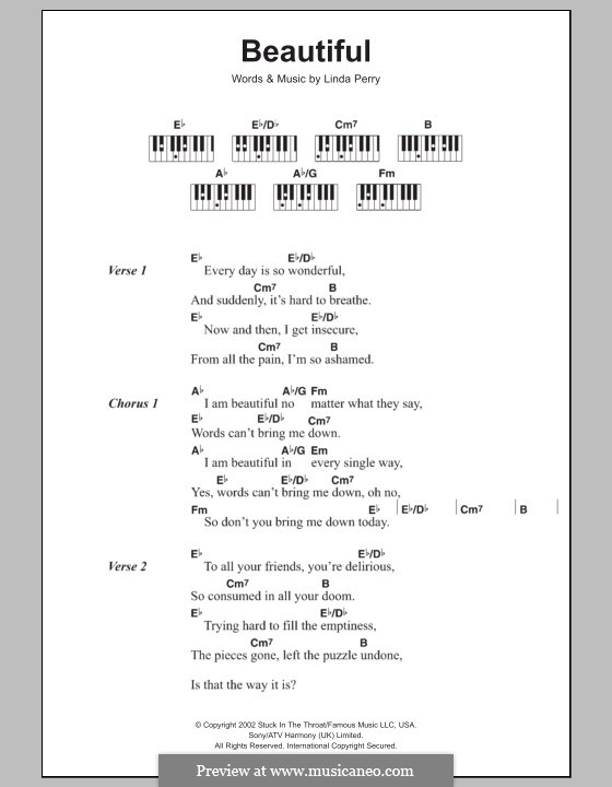 Beautifull (Christina Aguilera & Beverly McClellan): Text und Akkorde für Klavier by Linda Perry