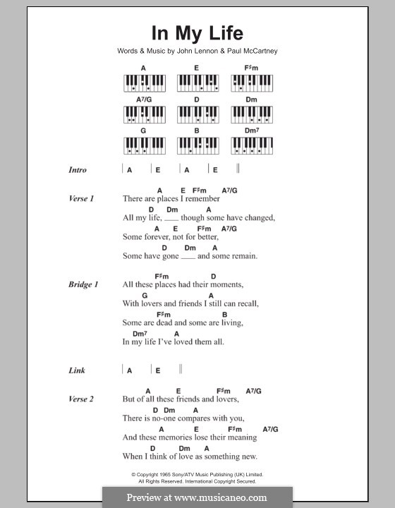 In My Life (The Beatles): Text und Akkorde für Klavier by John Lennon, Paul McCartney