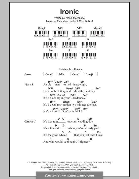 Ironic (from Jagged Little Pill The Musical): Text und Akkorde für Klavier by Alanis Morissette, Glen Ballard