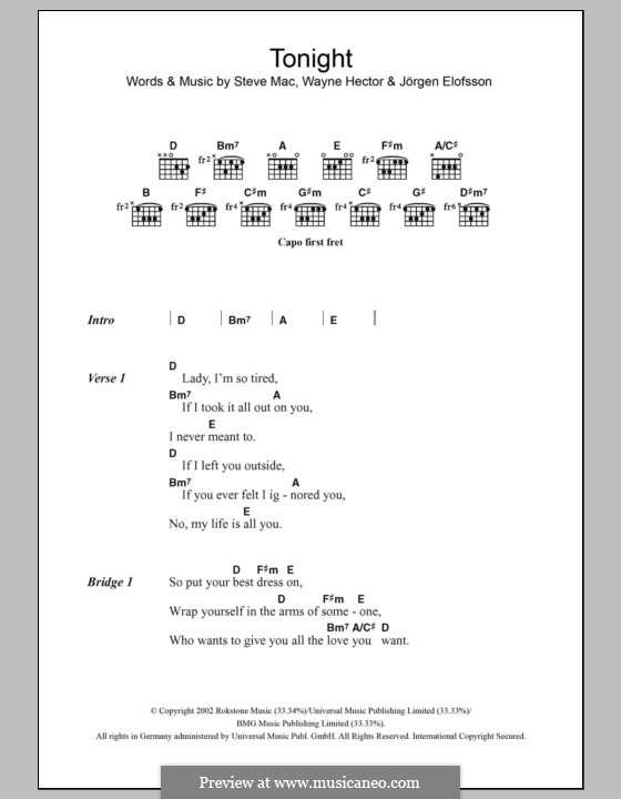 Tonight (Westlife): Text und Akkorde by Jörgen Kjell Elofsson, Steve Mac, Wayne Anthony Hector