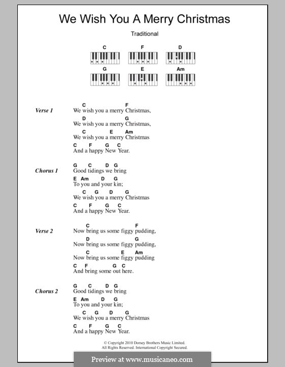 We Wish You a Merry Christmas (Printable Scores): Text und Akkorde für Klavier by folklore