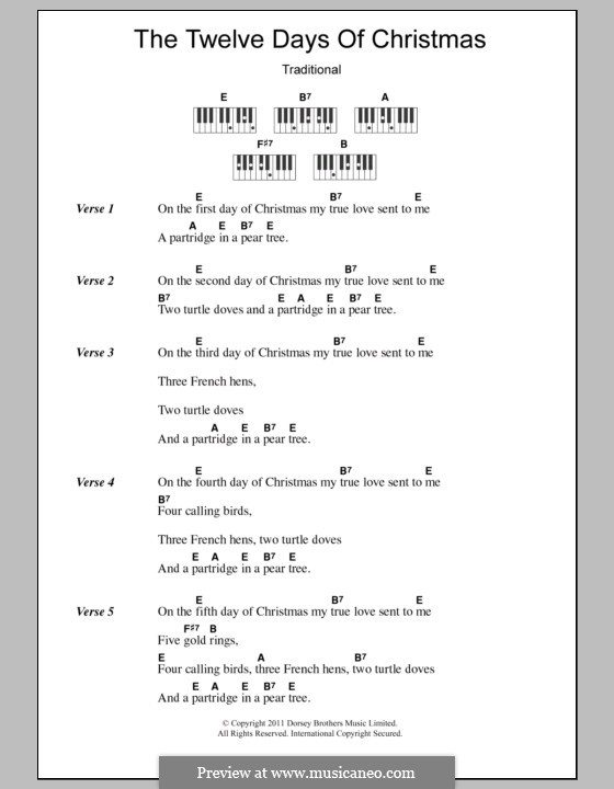 The Twelve Days of Christmas: Text und Akkorde für Klavier by folklore