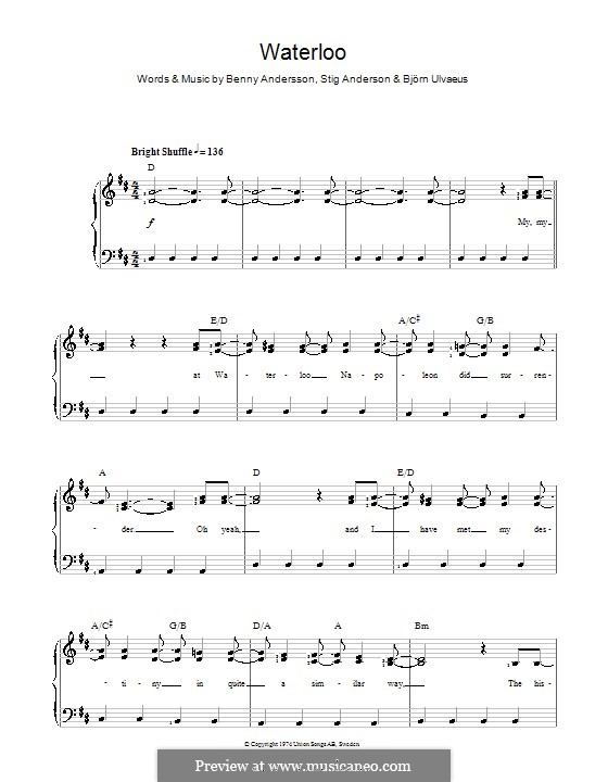 Waterloo (ABBA): Für Stimme und Klavier by Benny Andersson, Björn Ulvaeus, Stig Anderson