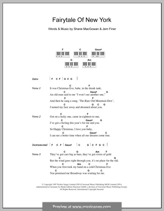 Fairytale of New York (The Pogues & Kirsty MacColl): Text und Akkorde für Klavier by Jem Finer, Shane MacGowan