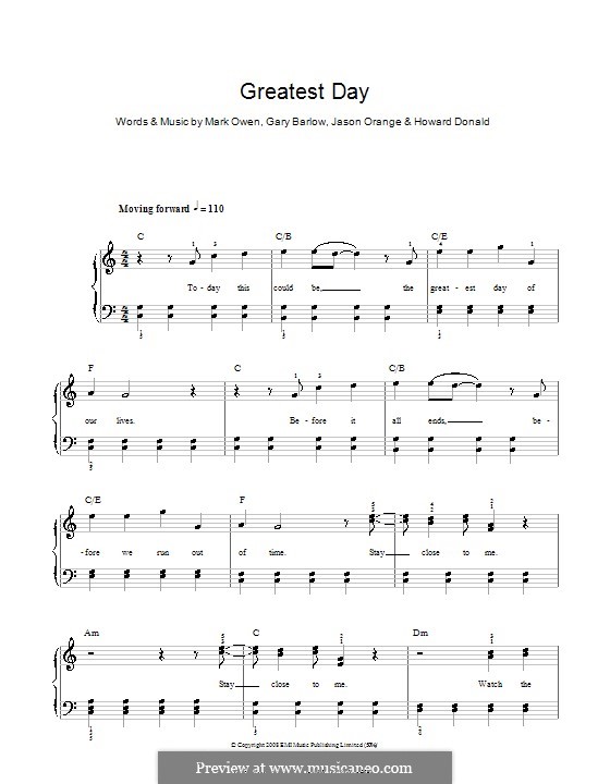 Greatest Day (Take That): Für Klavier, leicht by Gary Barlow, Howard Donald, Jason Orange, Mark Owen