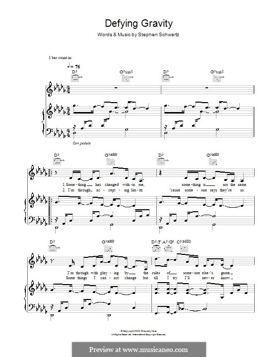 Defying Gravity (from the Broadway Musical Wicked): Für Stimme und Klavier (oder Gitarre) by Stephen Schwartz