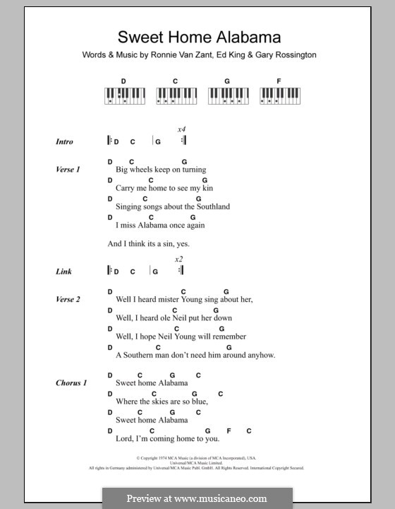 Sweet Home Alabama (Lynyrd Skynyrd): Text und Akkorde für Klavier by Ed King, Gary Rossington, Ronnie Van Zant