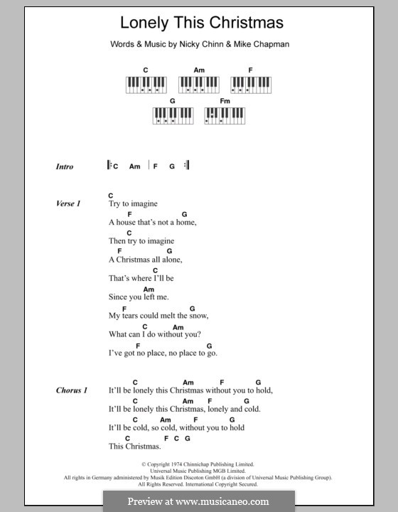 Lonely This Christmas (Mud): Text und Akkorde für Klavier by Mike Chapman, Nicky Chinn