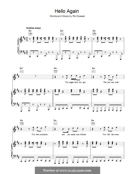 Hello Again (The Cars): Für Stimme und Klavier (oder Gitarre) by Ric Ocasek