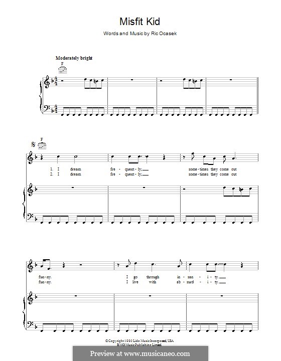 Misfit Kid (The Cars): Für Stimme und Klavier (oder Gitarre) by Ric Ocasek