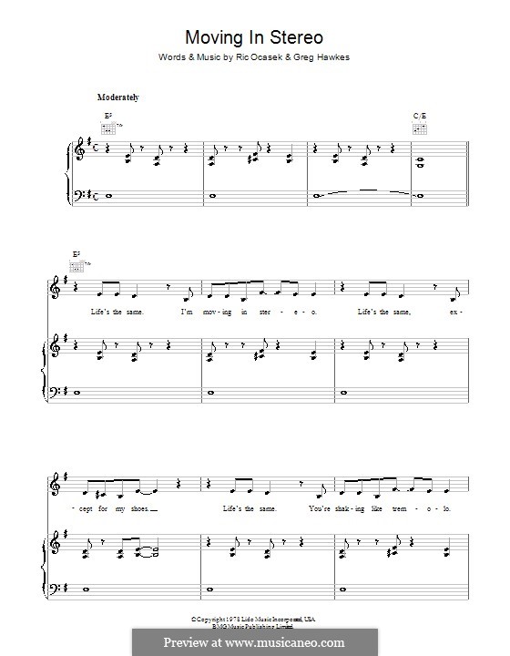 Moving in Stereo (The Cars): Für Stimme und Klavier (oder Gitarre) by Gregory Hawkes, Ric Ocasek