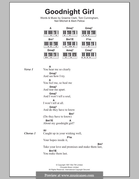 Goodnight Girl (Wet Wet Wet): Text und Akkorde für Klavier by Graeme Clark, Tom Cunningham, Marti Pellow, Neil Mitchell