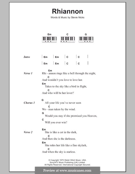 Rhiannon (Fleetwood Mac): Text und Akkorde für Klavier by Stevie Nicks