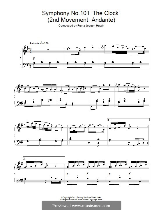 Sinfonie Nr.101 in D-Dur 'Die Uhr', Hob.I/101: Andante. Version für Klavier by Joseph Haydn