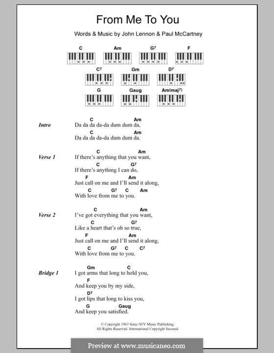 From Me to You (The Beatles): Text und Akkorde für Klavier by John Lennon, Paul McCartney