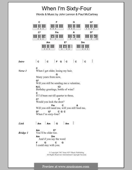 When I'm Sixty-Four (The Beatles): Text und Akkorde für Klavier by John Lennon, Paul McCartney