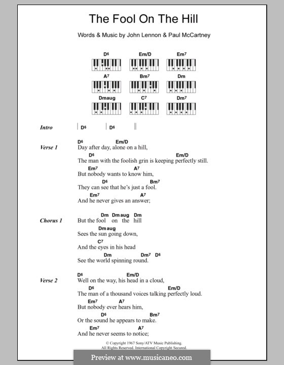 The Fool on the Hill (The Beatles): Text und Akkorde für Klavier by John Lennon, Paul McCartney