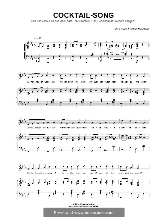 Cocktail-Song: Für Stimme und Klavier by Friedrich Holländer