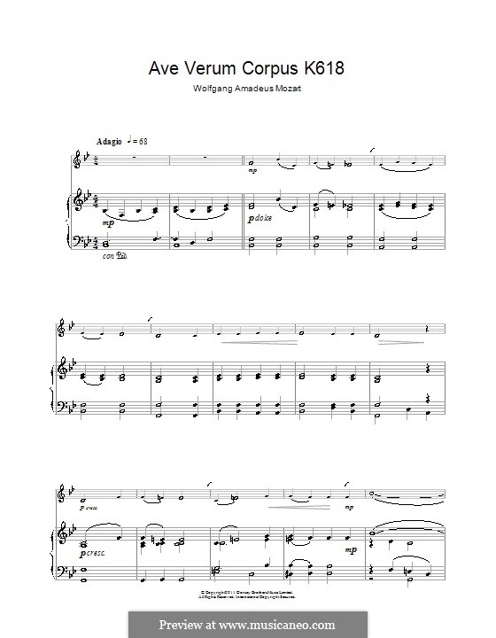 Ave verum corpus (Printabel Scores), K.618: Für Klarinette und Klavier by Wolfgang Amadeus Mozart