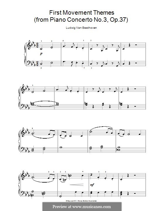 Konzert für Klavier und Orchester Nr.3, Op.37: Teil I (Theme). Version for easy piano by Ludwig van Beethoven