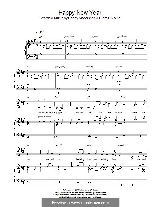 Happy New Year (ABBA): Für Stimme und Klavier (oder Gitarre) by Benny Andersson, Björn Ulvaeus