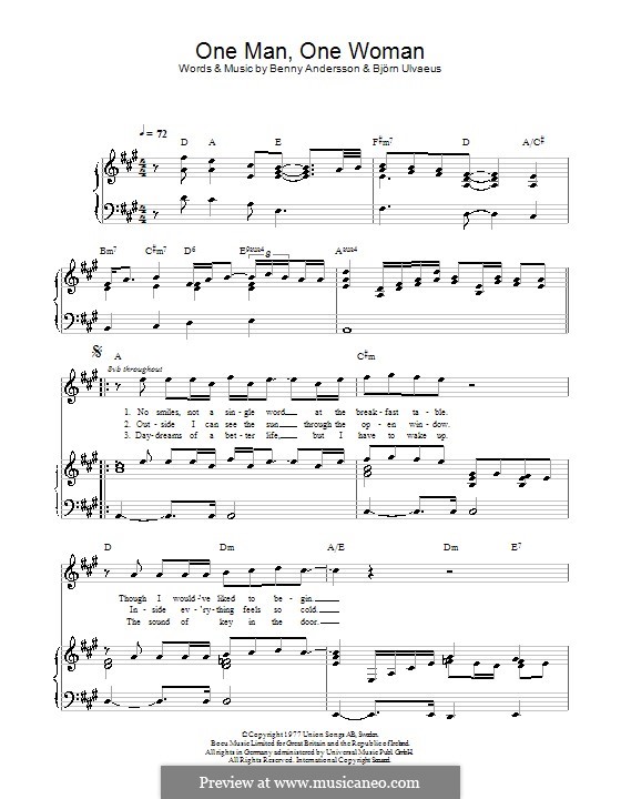 One Man, One Woman (ABBA): Für Stimme und Klavier (oder Gitarre) by Benny Andersson, Björn Ulvaeus