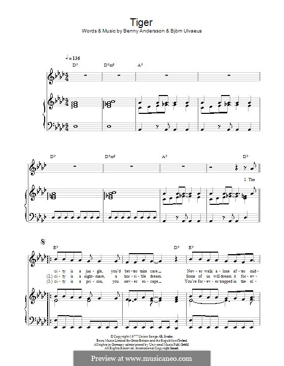 Tiger (ABBA): Für Stimme und Klavier (oder Gitarre) by Benny Andersson, Björn Ulvaeus