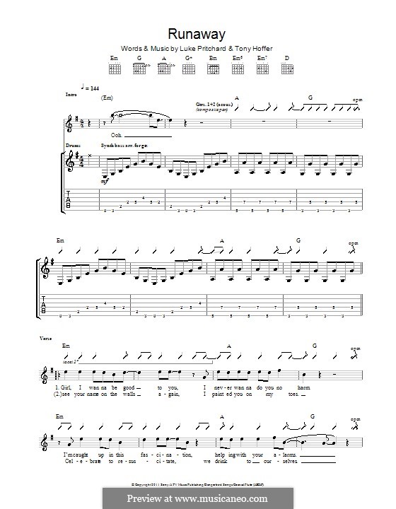 Runaway (The Kooks): Für Gitarre mit Tabulatur by Luke Pritchard, Tony Hoffer