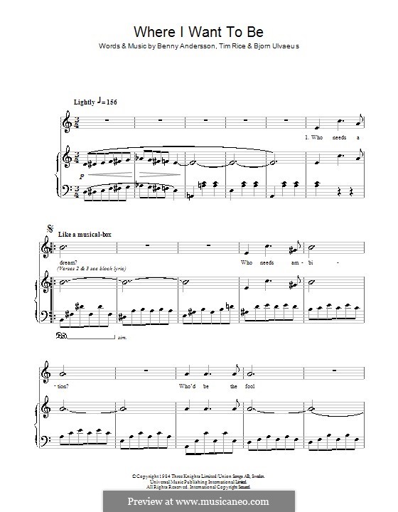 Where I Want To Be (from Chess): Für Stimme und Klavier by Benny Andersson, Björn Ulvaeus