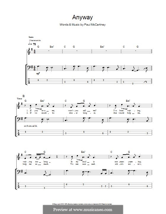 Anyway: Für Bassgitarre mit Tabulatur by Paul McCartney