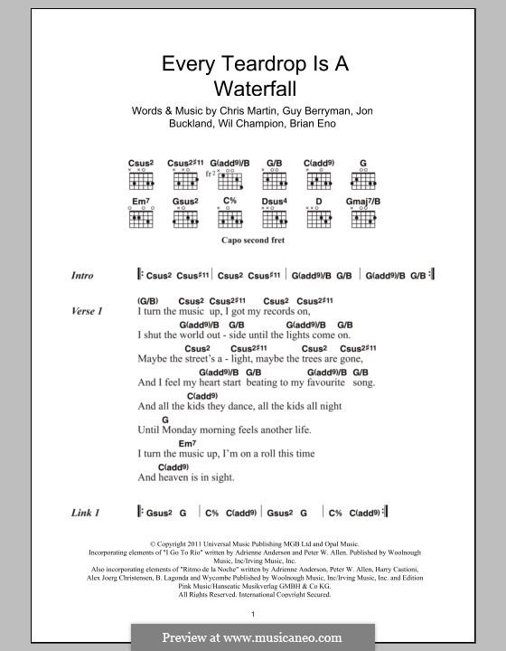 Every Teardrop is a Waterfall (Coldplay): Texte und Akkorde by Adrienne Anderson, Brian Eno, Chris Martin, Guy Berryman, Jonny Buckland, Peter Allen, Will Champion