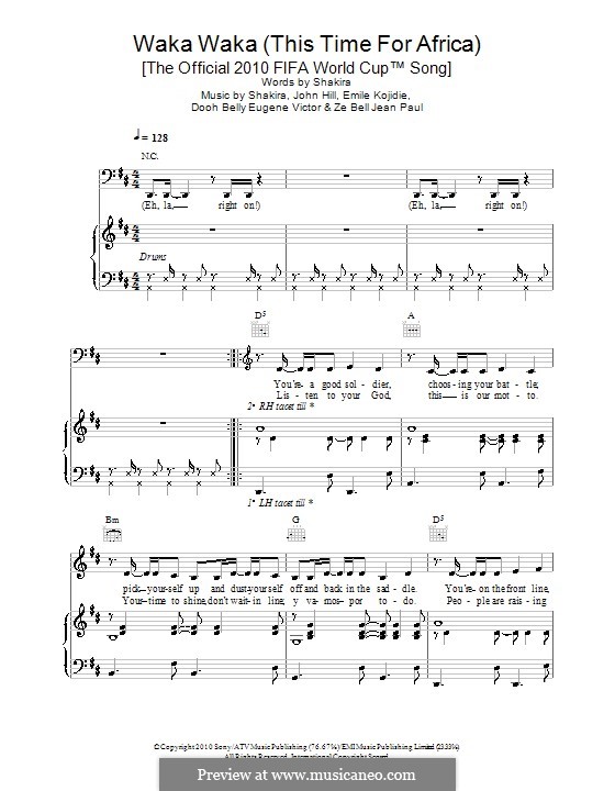 Waka Waka (This Time for Africa): Für Stimme mit Klavier oder Gitarre (Shakira feat. Freshlyground) by John Leubrie Hill, Shakira, Dooh Belly Eugene Victor, Emile Kojidie, Ze Bell Jean Paul