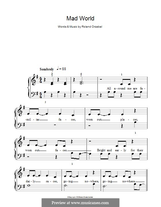 Mad World (Gary Jules & Michael Andrews): Einfache Noten für Klavier by Roland Orzabal