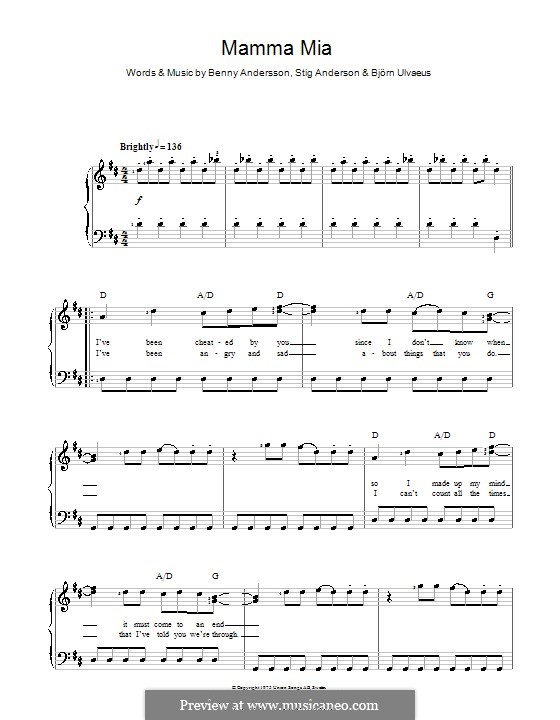 Mamma Mia (ABBA): Für Stimme und Klavier by Benny Andersson, Björn Ulvaeus, Stig Anderson