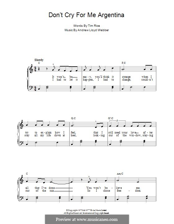 Don't Cry for Me Argentina: Einfache Noten für Klavier (C-Dur) by Andrew Lloyd Webber
