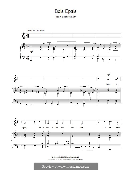Amadis oder Amadis von Gallien, LWV 63: Bois épais. Version for voice and piano by Jean-Baptiste Lully