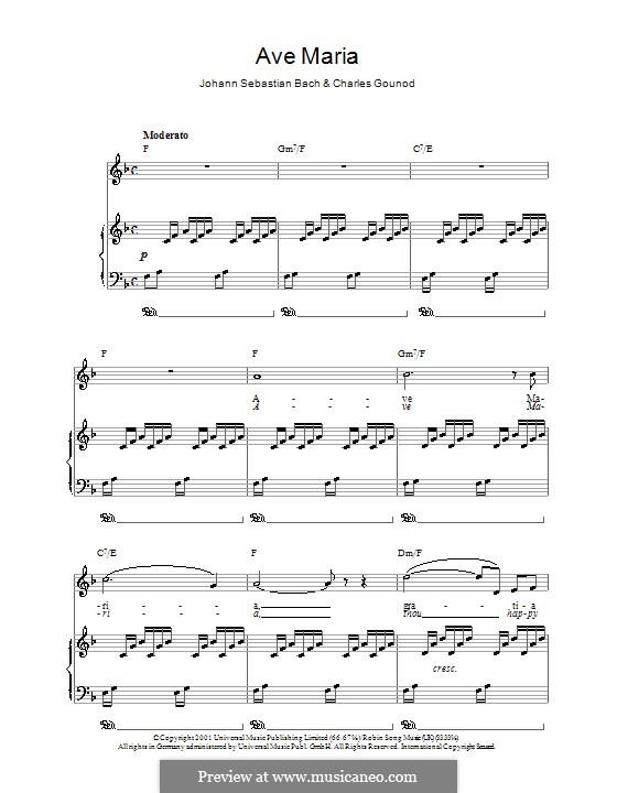 Ave Maria (Printable Sheet Music): Für Stimme und Klavier oder Gitarre (F-Dur) by Johann Sebastian Bach, Charles Gounod