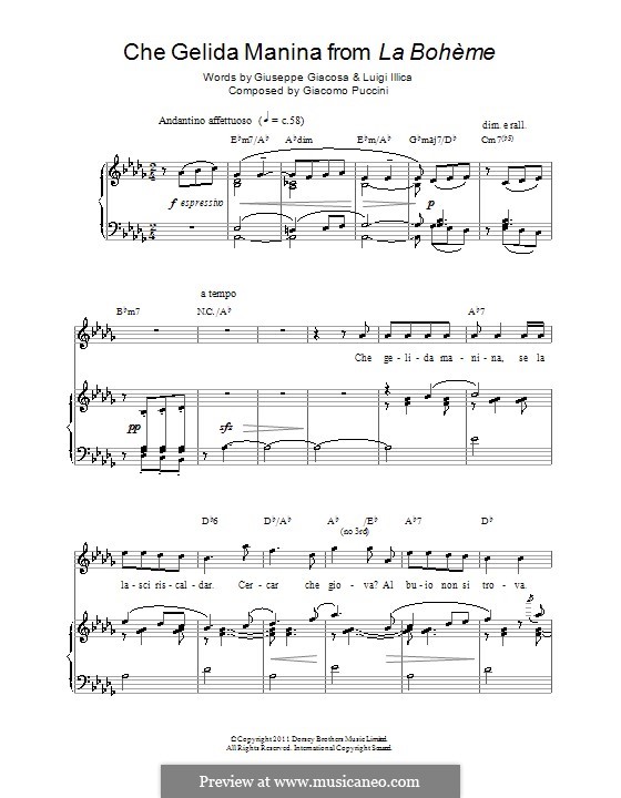 Che gelida manina: Für Stimme und Klavier (oder Gitarre) by Giacomo Puccini