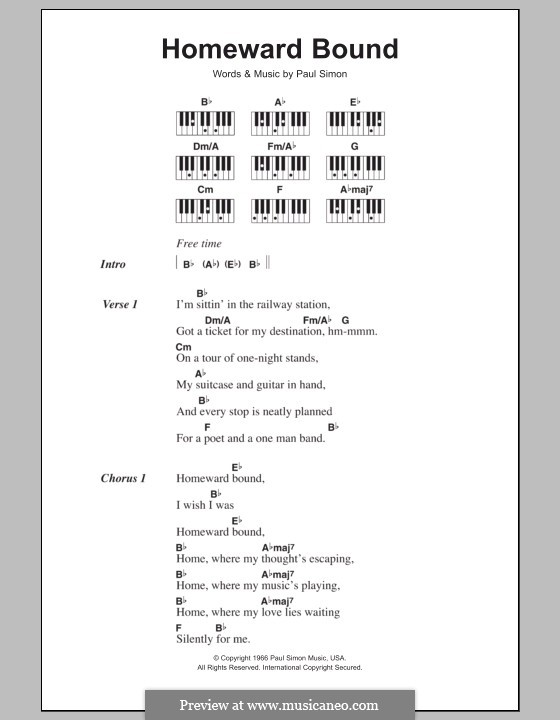 Homeward Bound (Simon & Garfunkel): Text und Akkorde für Klavier by Paul Simon