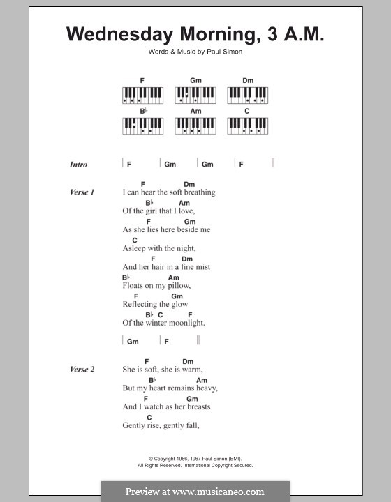 Wednesday Morning, 3 A.M. (Simon & Garfunkel): Text und Akkorde für Klavier by Paul Simon